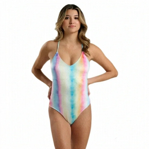 Quintsoul S NWOT One Piece Unicorn Rainbow Colorful Velour Deep V  Lace Up - Picture 1 of 14